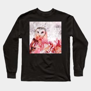 Barn Owl in Pink Flower Field Long Sleeve T-Shirt